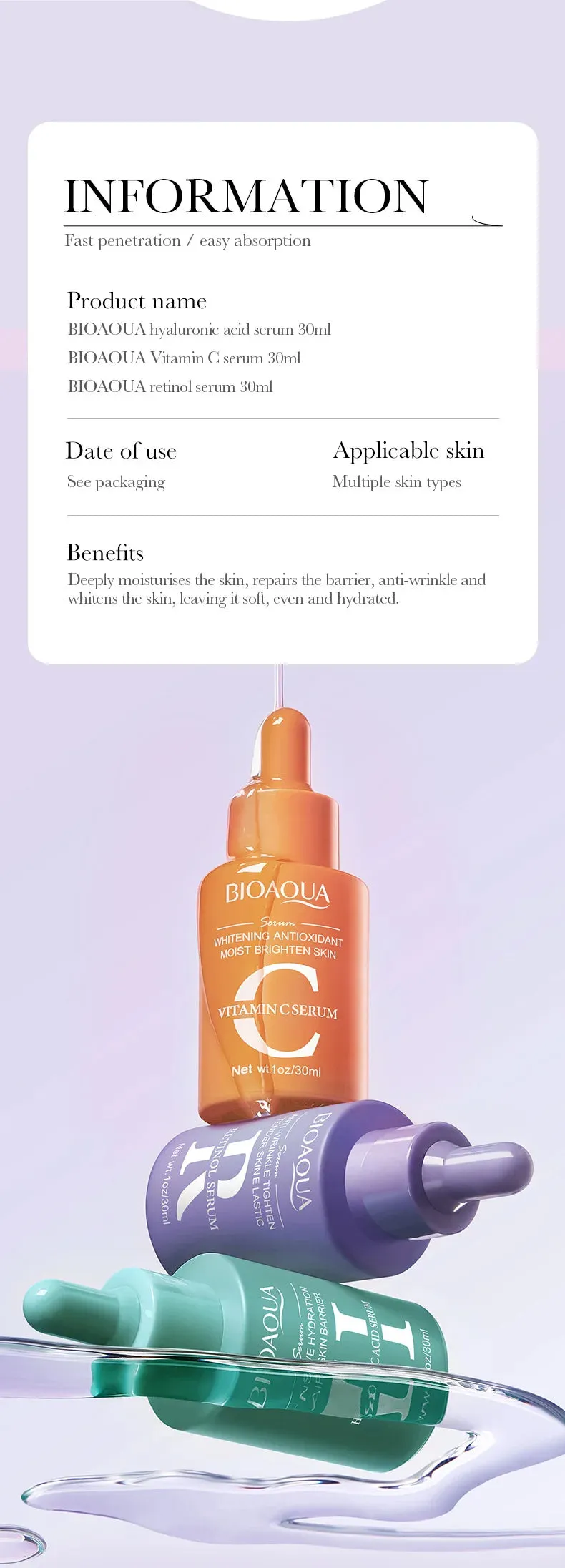 3pcs BIOAQUA Vitamin C Retinol Hyaluronic Acid Serum Face Moisturizing Firming Brightening Facial Essence Skin Care Products