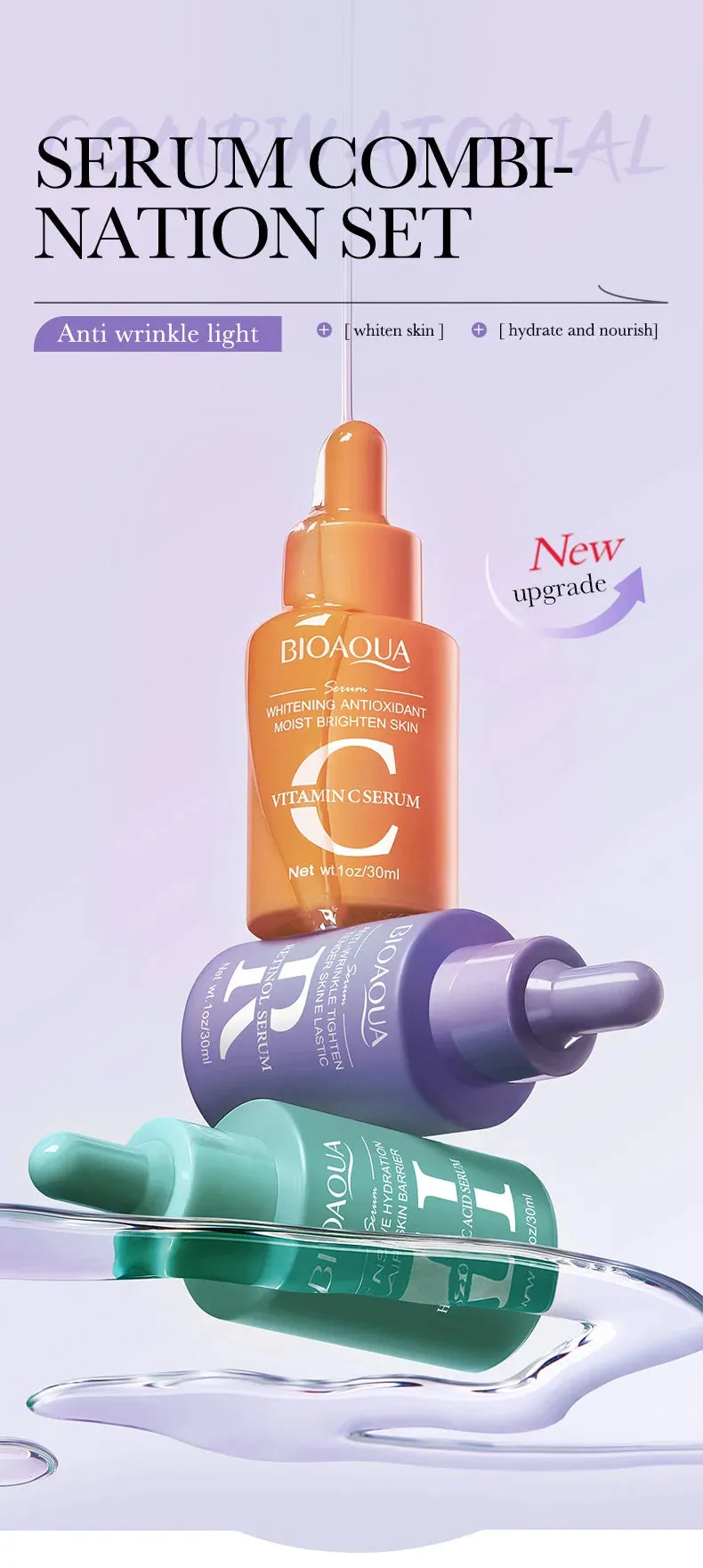 3pcs BIOAQUA Vitamin C Retinol Hyaluronic Acid Serum Face Moisturizing Firming Brightening Facial Essence Skin Care Products