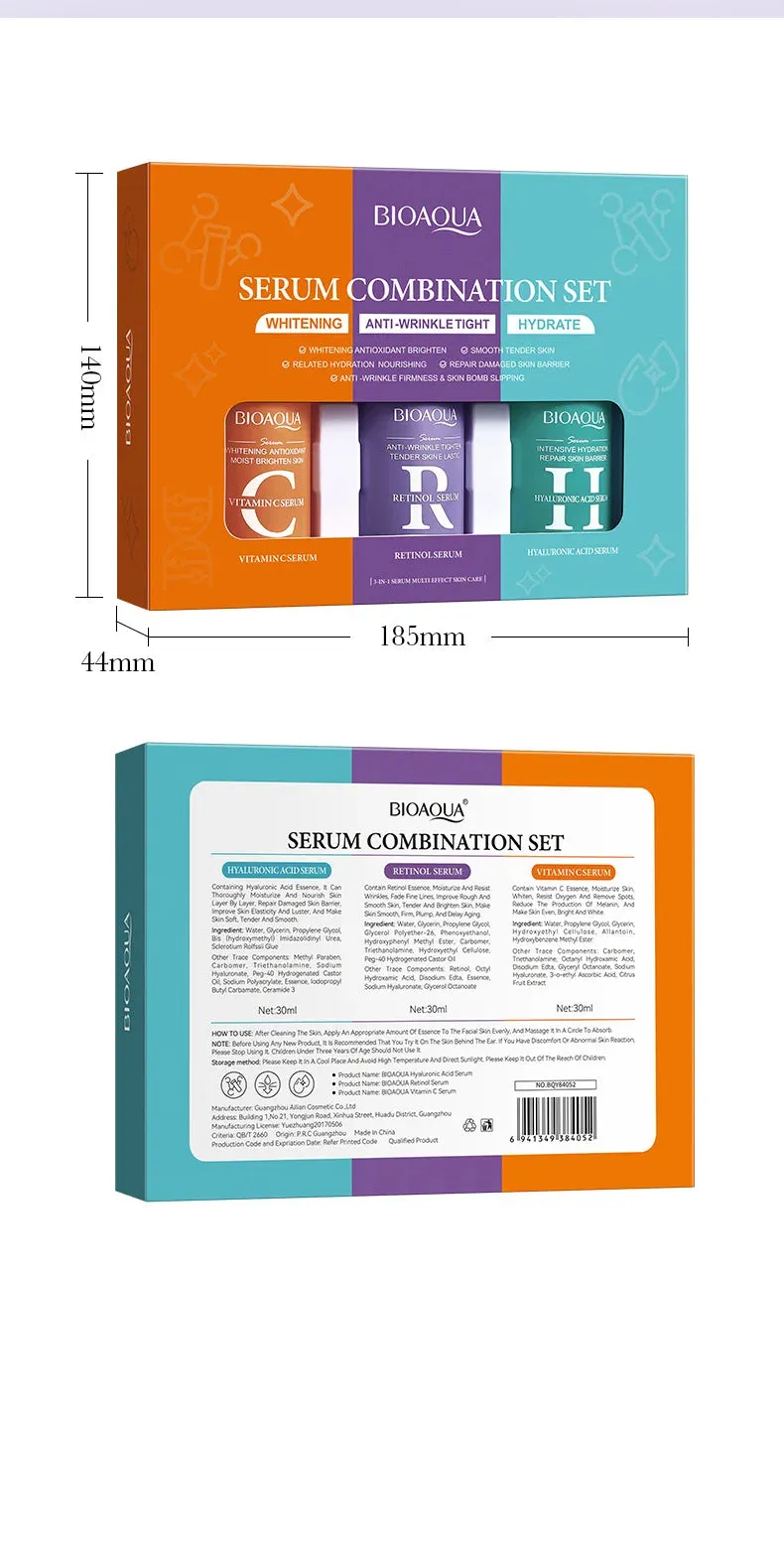 3pcs BIOAQUA Vitamin C Retinol Hyaluronic Acid Serum Face Moisturizing Firming Brightening Facial Essence Skin Care Products