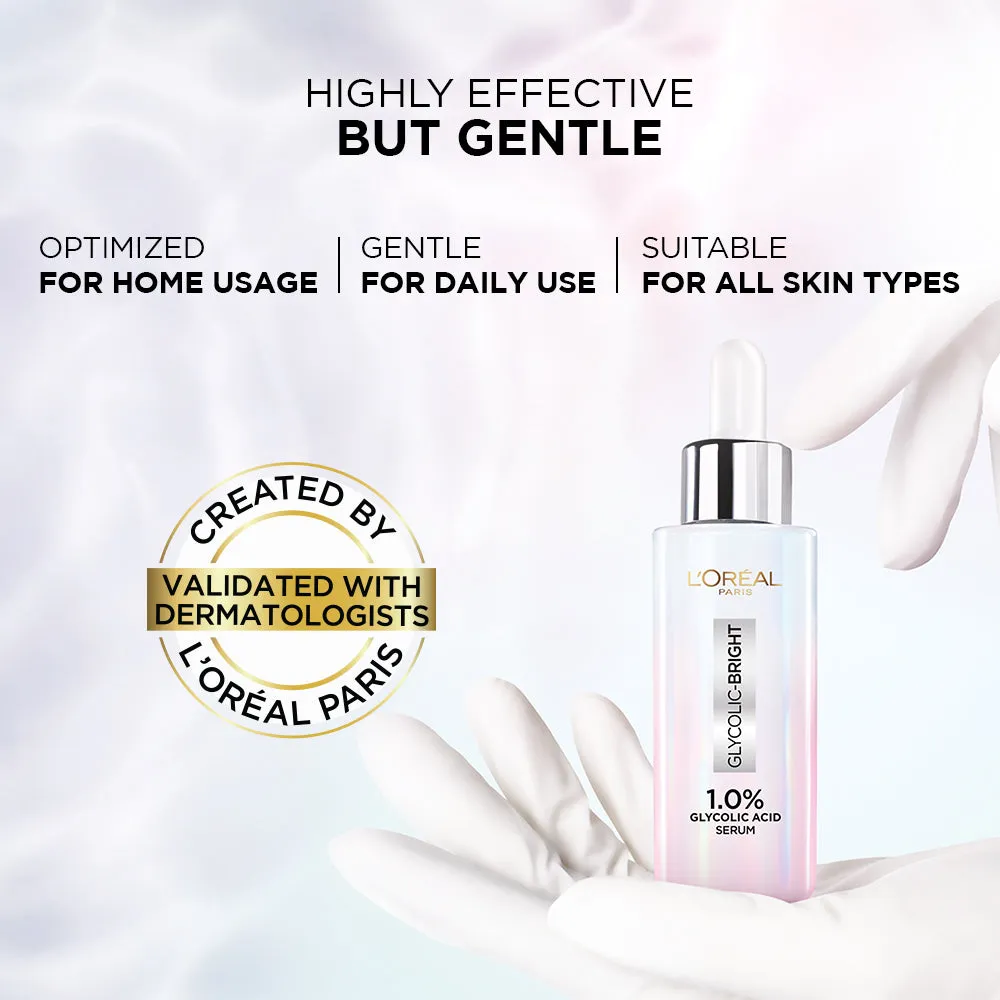 L'Oreal Paris Glycolic Bright Skin Brightening Serum, 30ml | 1% Glycolic Acid Serum for Dark Spots, Pigmentation & Uneven Skin Tone