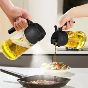 Oil Sprayer for Cooking, 2 in 1 Olive Oil Dispenser Bottle for Kitchen, 16oz/470ml Premium Glass Oil Bottle, Food-grade Oil Mister for Air Fryer, Salad, Frying, BBQ (Black)