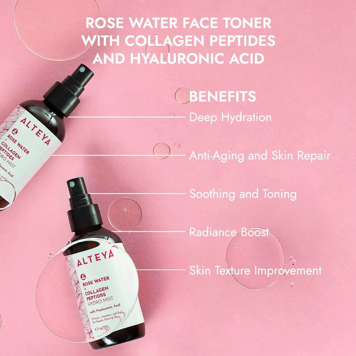 Rose Water Face Toner with Collagen Peptides and Hyaluronic Acid