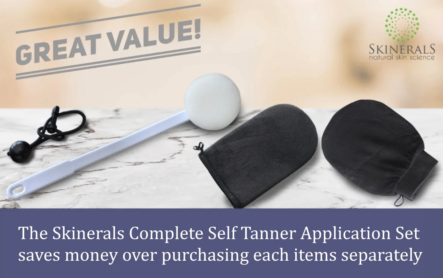 Skinerals Complete Self Tanner Application Set with Back Wand, Exfoliator Glove, and Tanning Applicator Mitt
